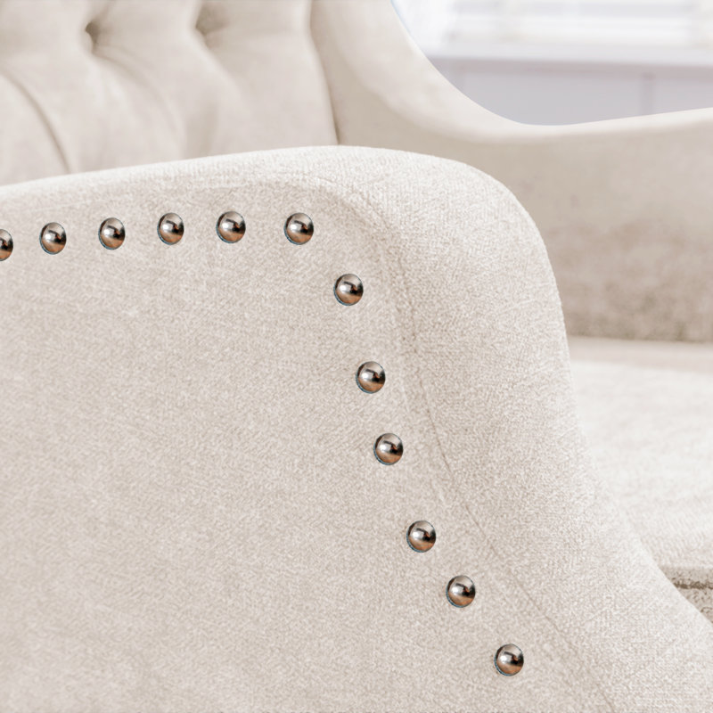 Accent Chair, Living Room Chair, Footrest Chair Set with Vintage Brass Studs, Beige Linen 