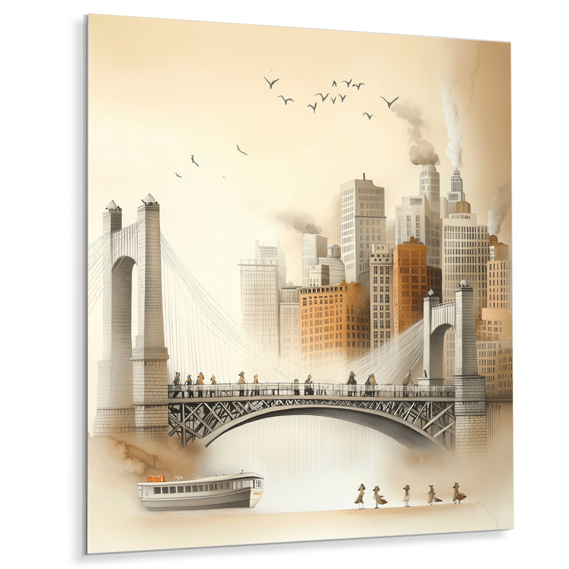 Brooklyn Bridge, scène industrielle rétro I - pont, impression sur métal traditionnelle, H 32 po x l 24 po x P 0,84 po
