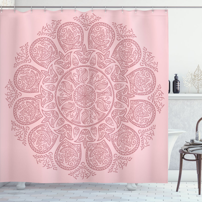 Pale Pink Ornamental Fabric Shower Curtain with Hooks