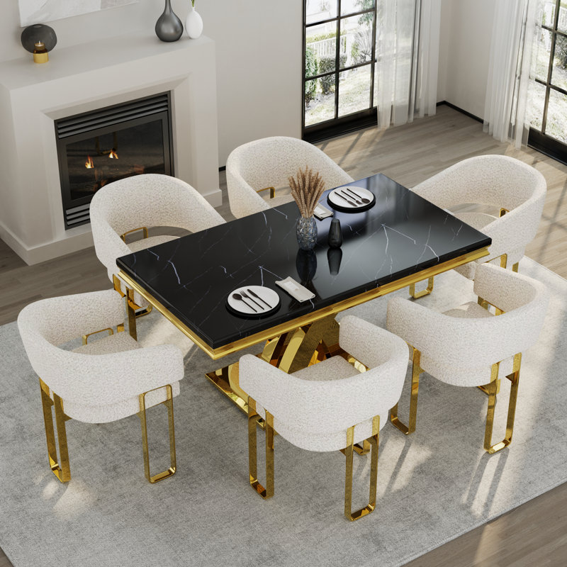 Ensemble de table de salle à manger 7 pièces en faux marbre et or avec 6 chaises blanches, Noir, Blanc, Doré