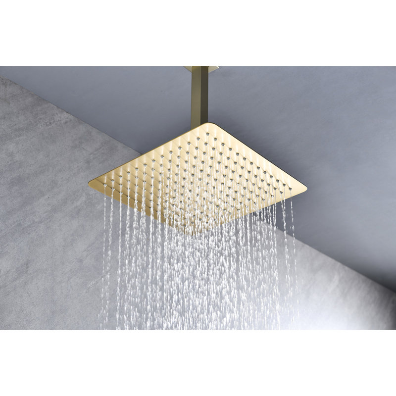 High Bathroom Rain Shower Head - Brushed Gold Stainless Steel 12X12 In Water Saving With Self-Cleaning Feature Theme Showerhead Spray Pattern