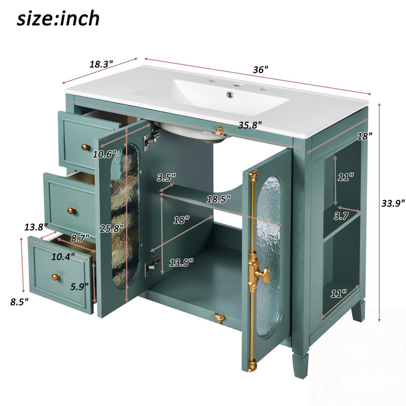 Meuble-lavabo de salle de bain avec lavabo en céramique, 2 portes à fermeture douce et 3 tiroirs, Vert lac