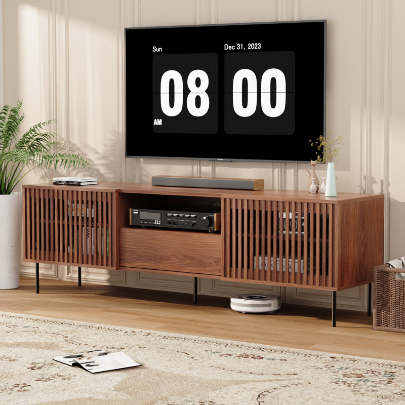 69.3'' W TV Stand Fits TV’S Up To 80'', Media Console With 2 Slat Doors, 5 Shelves And 1 Drawer, 69.3 in