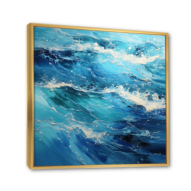 Teal White Ocean Serenade Pointillism II - Nautical & Beach Canvas Print, H 36 po x l 36 po x P 1,5 po, Cadre flottant doré