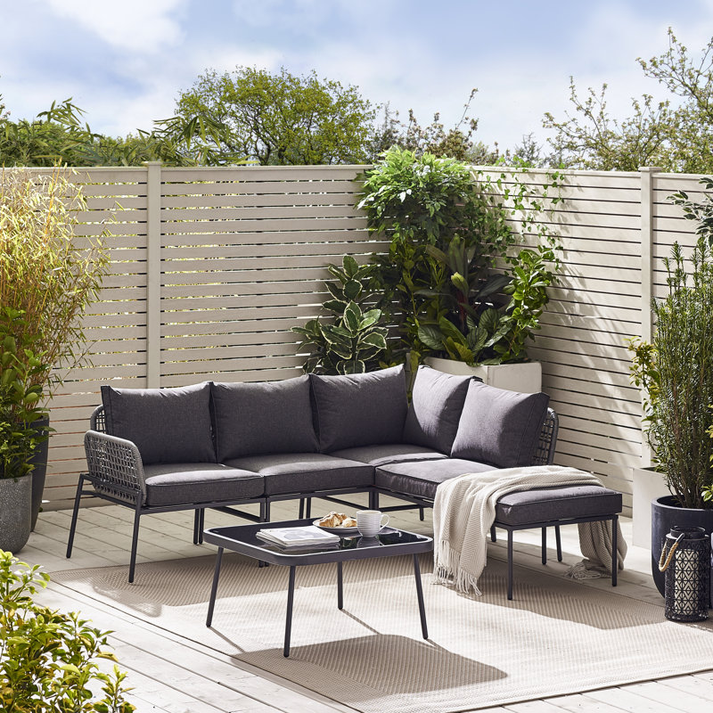 Alahni Outdoor 4-5 Seat Corner Sofa with Cushions and Coffee Table - Modern Rattan (Cover Included), Grey/Grey