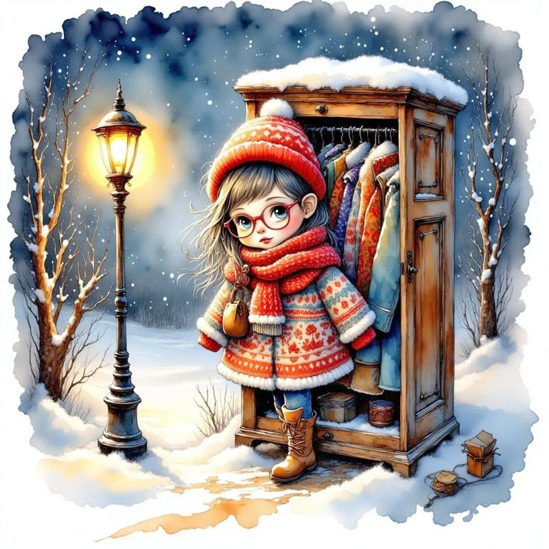 Voyage enchanté en hiver - Le secret de la garde-robe, H 12 po x l 12 po