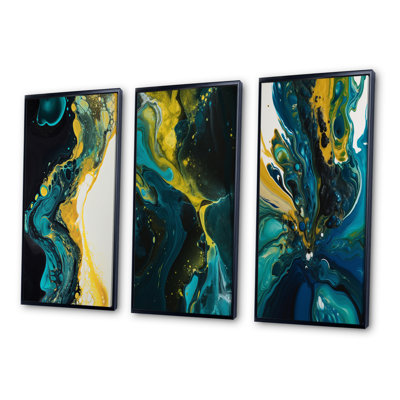" Teal And Yellow Liquid Dreams " 3 - Pieces