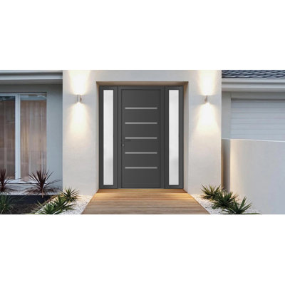 Porte d'entrée extérieure prémontée en PVC-U gris anthracite Manux 8415 avec imposte latérale, idéale pour les bureaux, les commerces et les habitations. Dimensions : 173 x 203 cm (L 41 + 91 + 41 x H 203 cm). Ouverture à droite vers l'intérieur.