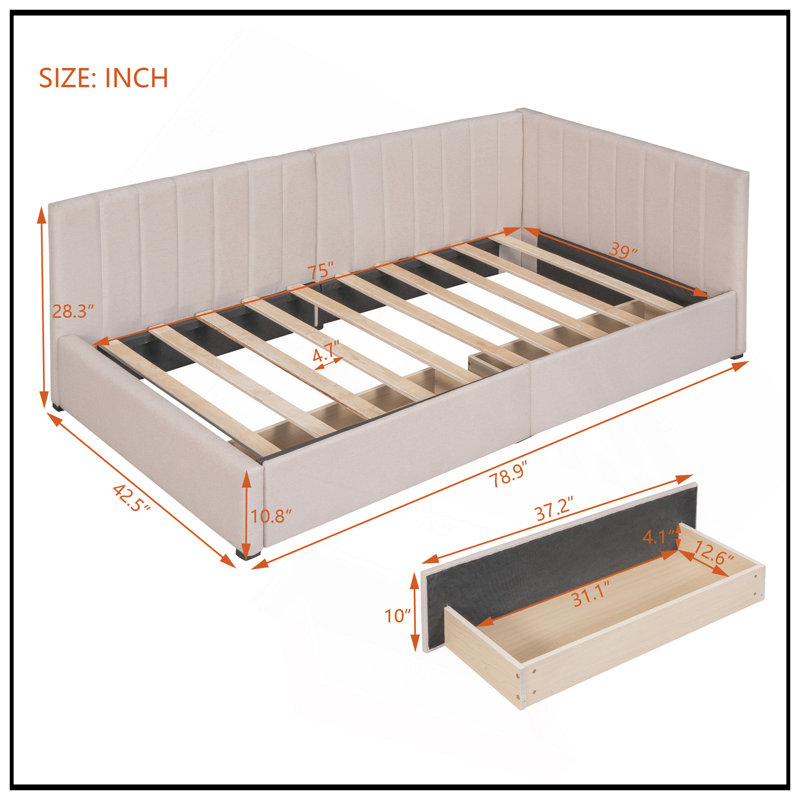 Upholstered Daybed With 2 Storage Drawers, Twin Size Sofa Bed Frame, No Box Spring Needed, Linen Fabric, Beige