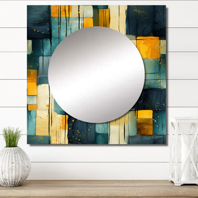 Jaune et bleu sarcelle abstrait géométrique fusion - grand miroir mural carré moderne pour la chambre à coucher
