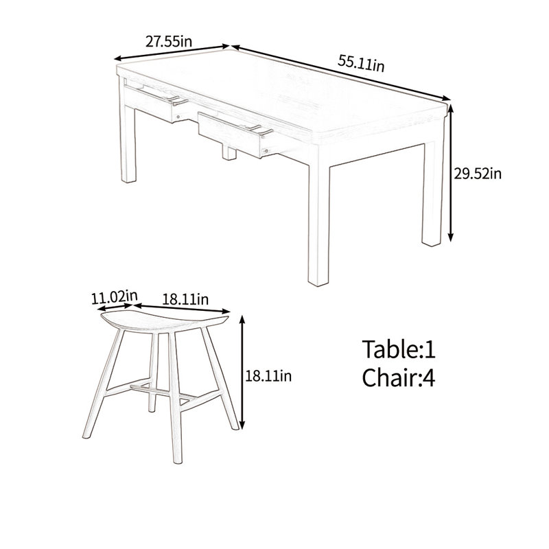 Solid wood multifunctional table set, 29.52"H x 55.11"L x 27.55"W