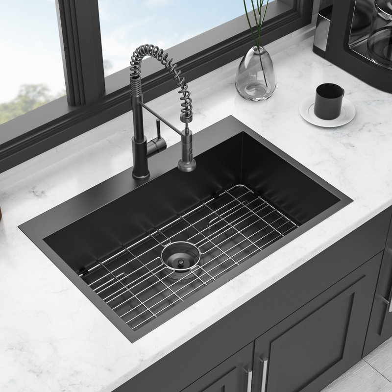 Gunmetal Black Kitchen Sink - 30"X22"X9". 18 Gauge Stainless Steel. Heat , Easy Maintenance. 3.5" Drain Opening. Includes Assembly And Bottom Rinse Grid. Noise Reduction Steel Drop In Strong & . Nano