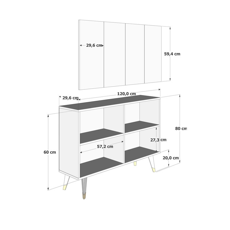 Console moderne avec tablettes multiples, blanc et noir avec accents dorés, 47,2 x 31,5 x 11,6 pouces | 100% panneau de particules enduit de mélamine, épaisseur: 0,7 pouce | Design mural, élégant et fonctionnel