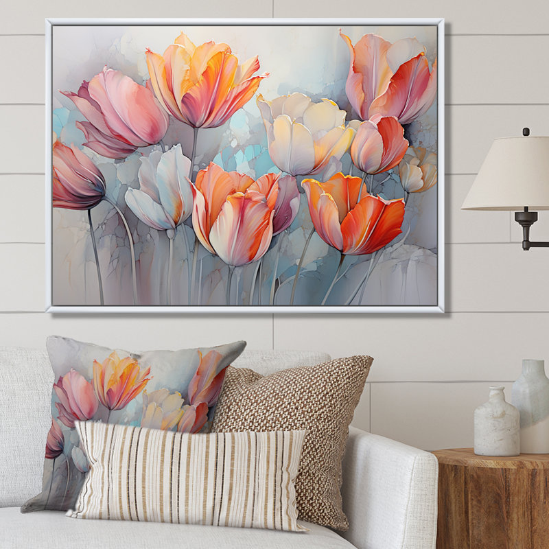 Minimalisme, tulipes rouges et grises sur toile, Cadre flottant doré, H 24 po x l 32 po x P 1 po