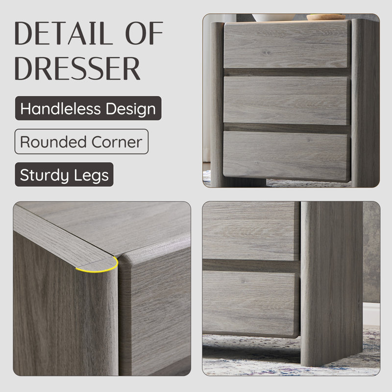Bolanos 25" Tall Modern Nightstand with Charging Station & 3 Storage Drawers , Wood Bedside Table Large Mid Century for Bedroom
