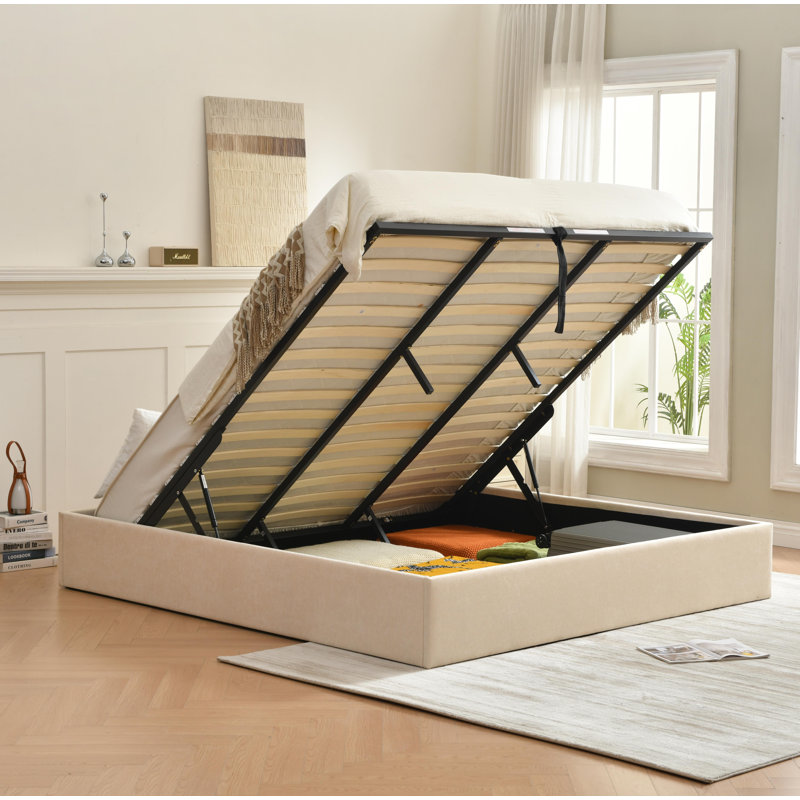 Lit de rangement relevable Braud, Roi, Beige