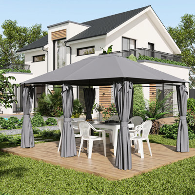 Pavillon de jardin extérieur 13 pi x 10 pi, gris Auvent, structure en acier, 6 parois latérales. Protection pour jardin, pelouse, cour et terrasse - Gris - Portant - Auvent