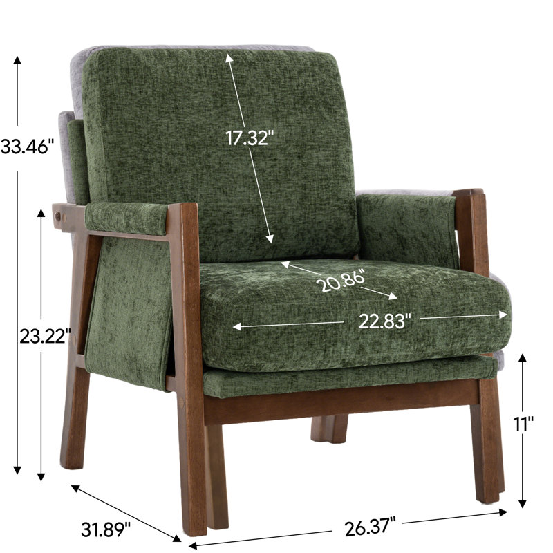 Quinze Mid Century Modern Upholstered Chenille Solid Wood Accent Armchair, Green