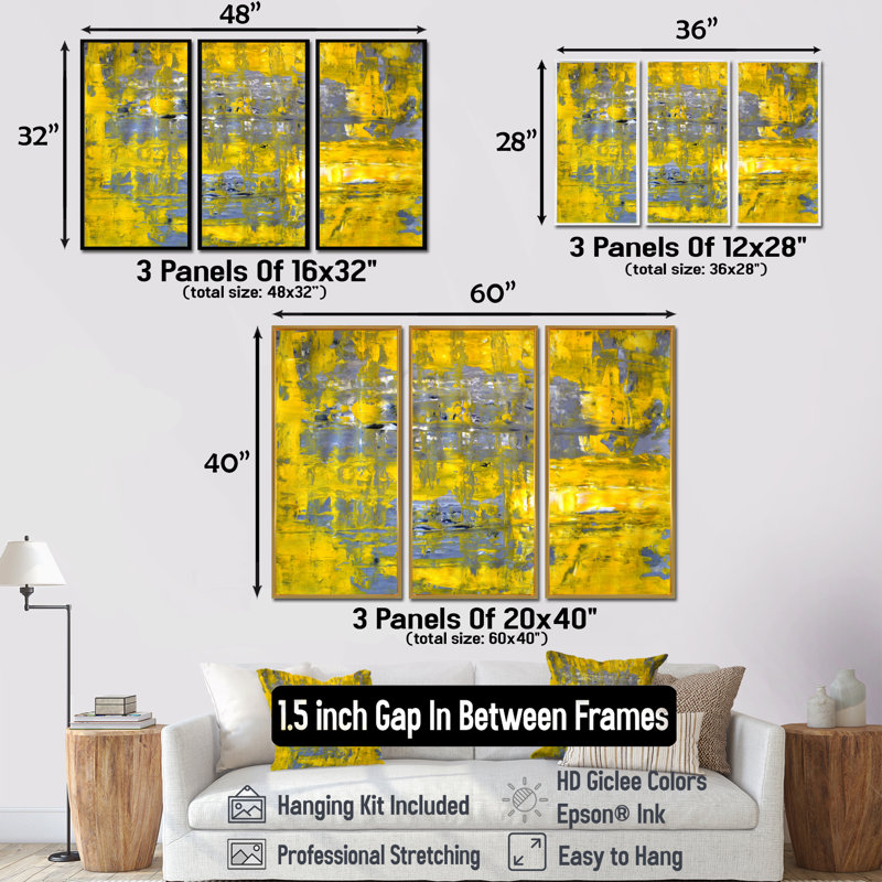 «Yellow Meets Gray Abstract Art I», ensemble d'art mural moderne sur toile encadrée, H 28 po x l 36 po, Brun