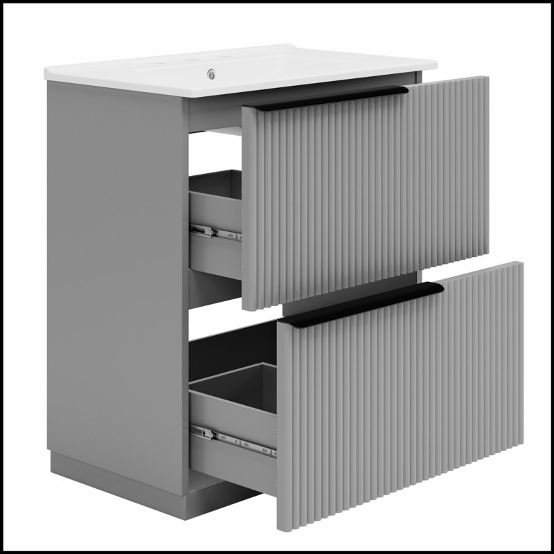 Meuble-lavabo autoportant de 30 pouces avec lavabo en céramique, tiroirs pleine extension et conception cannelée pour une élégance moderne