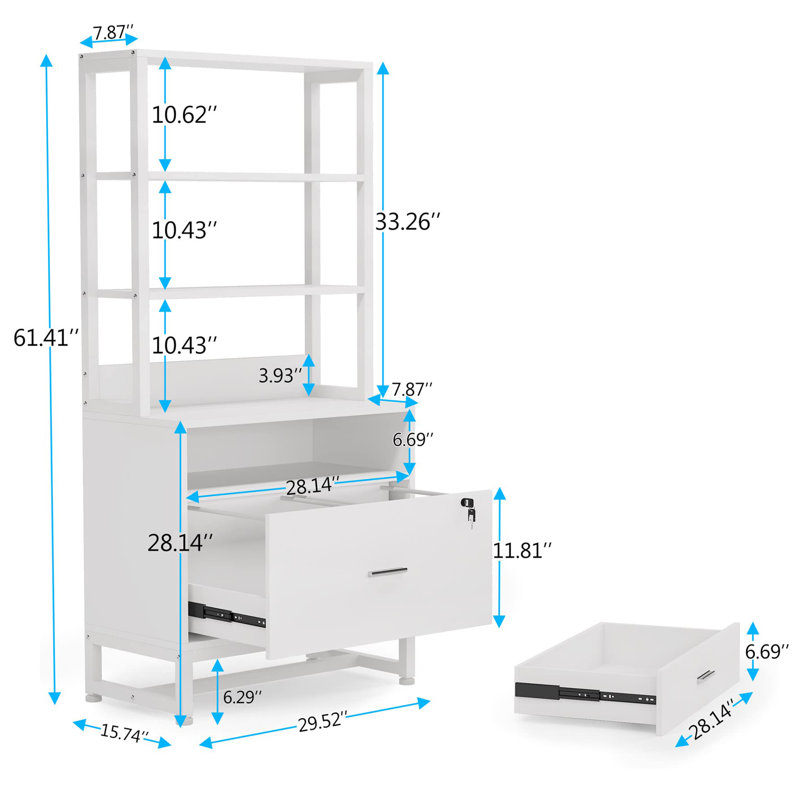 White Vertical 2 Drawer File Cabinet with Lock and Open Shelves