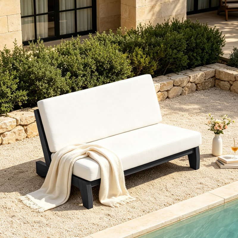 Chaise longue d'extérieur en bois de teck Polett, Beige, Noir