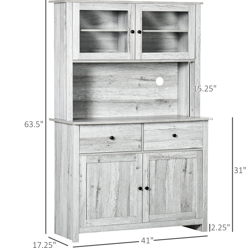 Armoire de garde-manger avec rangement supplémentaire pour casseroles Pots, 63,5 po de hauteur, 4 tablettes, tiroirs, gris cendré, maximise l'espace de la cuisine, portes en verre encadrées, comptoir à micro-ondes ouvert