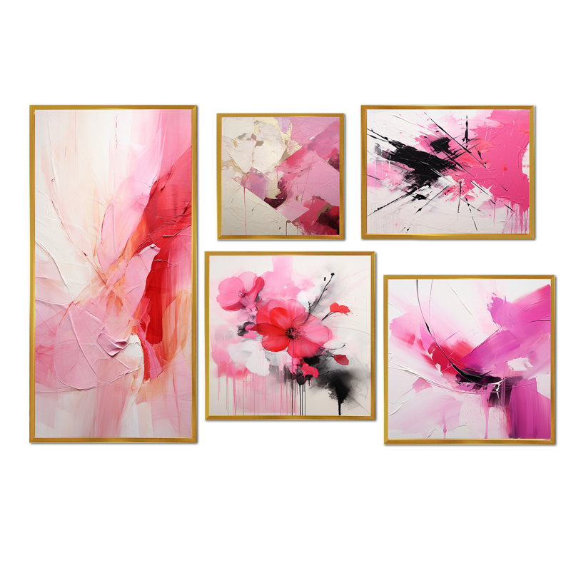 «Gold and Pink Minimal Abstract River I», ensemble d'art mural sur toile abstraite de 5, Cadre flottant doré