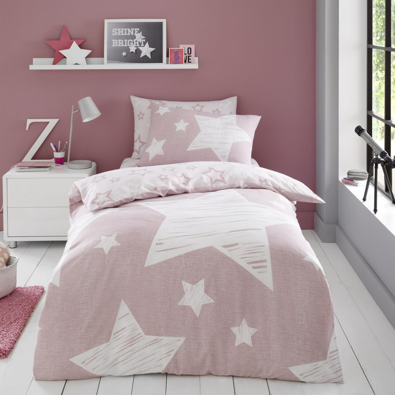 Kids Star Pattern Duvet Cover Set Polycotton Bed Linen with Pillowcases Soft Breathable Quilt Cover Secure Button Closure Easy Care