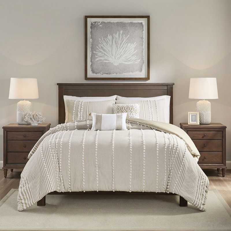 Housse de couette en coton teinté pour très grand lit 3 pièces avec rayures taupe et blanches