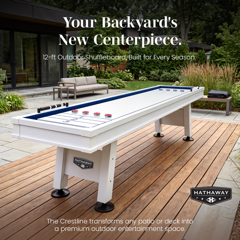 Hathaway Crestline 12 Ft Outdoor Shuffleboard Table for Patio, Yard & Deck - With Weatherproof Playfield, Built-In Scorer & Fitted Cover, Leg Levelers, 8 Pucks, Powder – White Finish