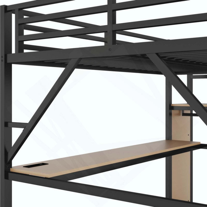 Lit mezzanine avec bureau et station de charge, lit mezzanine en métal avec escalier et lumière pour enfants adolescents