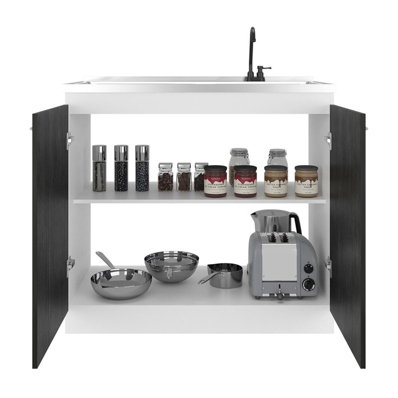 Évier utilitaire gris et blanc avec robinet en plastique interchangeable et comptoir intégré en acier inoxydable, meuble sur pied à deux portes avec étagères de rangement pour espace de travail de bureau ou de cuisine, surface interchangeable.