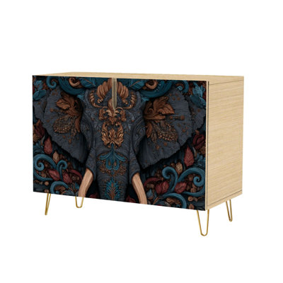Sideboard Buffet Cabinet with Storage Ornate Elephant Intricate Floral Patterns Warm Earth Tones with 2 Doors for Living Room and Kitchen