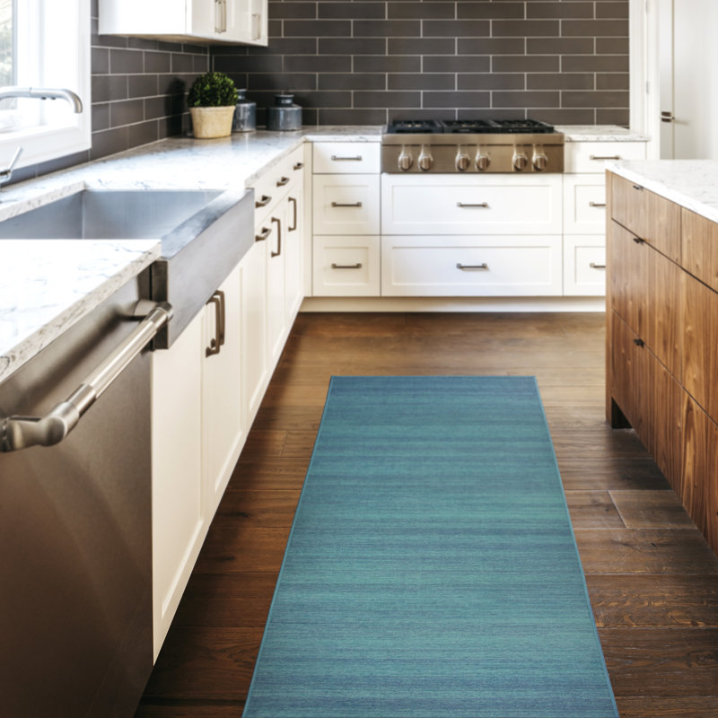 Tapis bleu uni tissé à plat bleu, Tapis de couloir 2 pi 6 po x 7 pi