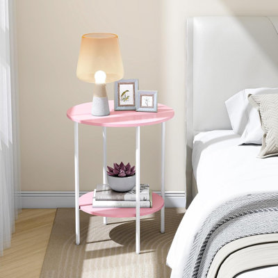 Table d'appoint ronde compacte - Table d'appoint étroite avec deux tablettes pour les petits espaces (rose)