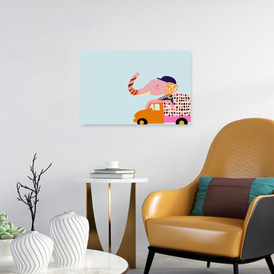 Pink Elephant Truck Ride Contemporary Wall Art Print by Mathieu - Wrapped Canvas Print