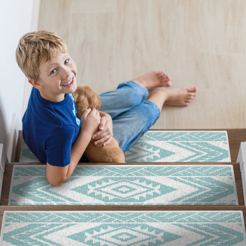 Tapis d'escalier intérieur antidérapant Menan, Bleu sarcelle clair