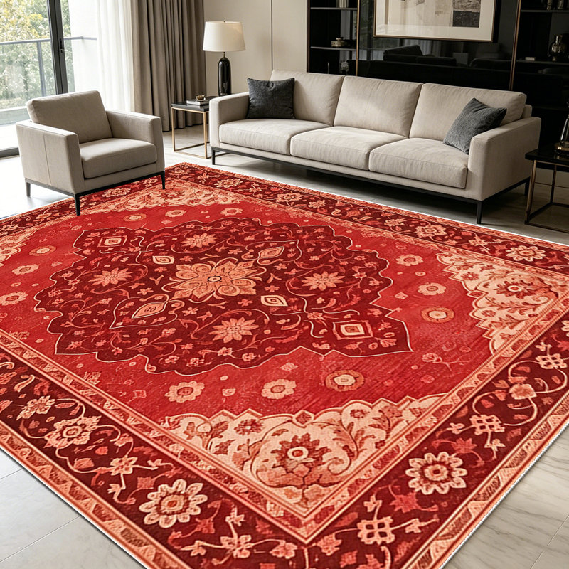 1PC Vintage Burgundy Red Persian Floral Medallion Bohemian area rugs for Living Room, Soft and Comfortable, Suitable for all seasons, easy-to-maintain, machine washable Indoor floor mat, Under Table Farmhouse suitable for dining table, bedroom