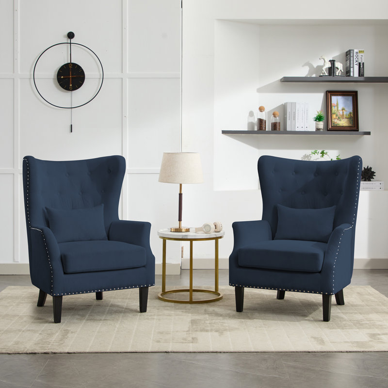 Ensemble de 2 fauteuils à oreilles capitonnés 31,5 po avec structure en bois massif et pieds en bois d'hévéa, 1