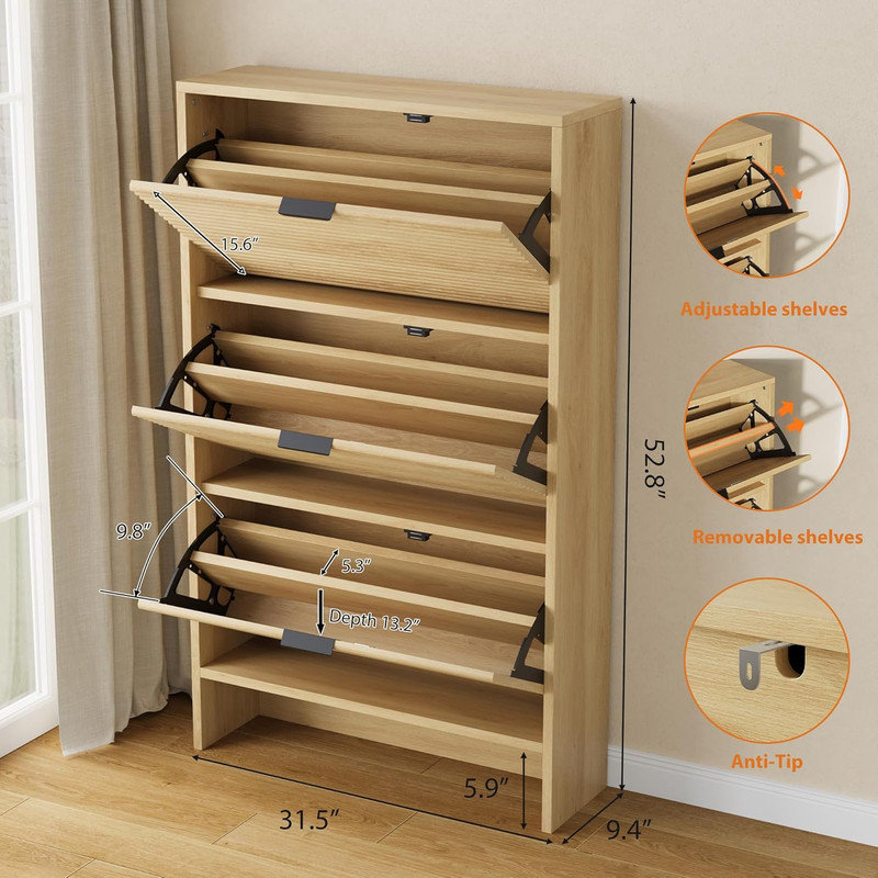 Armoire à chaussures pour le vestibule, armoire à chaussures cannelée avec 3 portes à tiroir rabattable, support caché de 32 po de largeur pour le couloir