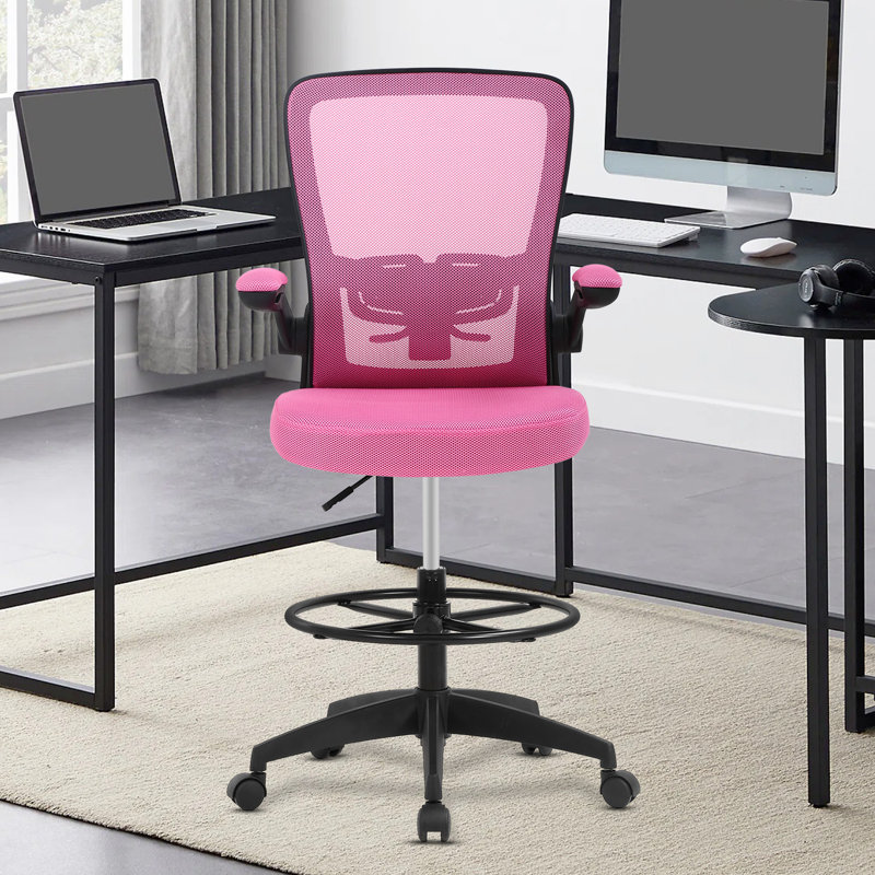 Drafting Chair Ergonomic Tall Office Chair Adjustable Height Computer Chair With Lumber Support Mid Back Task Mesh Desk Chair With Flip Up Arms Footrest Drafting Swivel Stool For Standing Desk, Pink