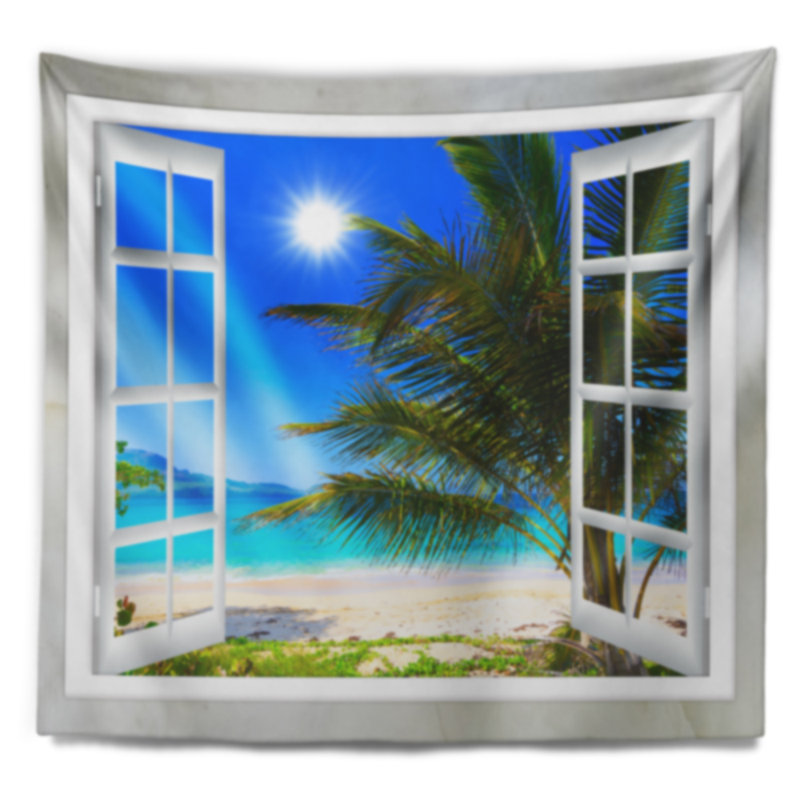 Fenêtre de bord de mer ouverte sur la plage avec tapisserie de palmier, H 68 po x l 80 po