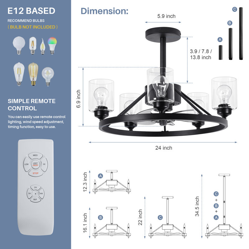 Ventilateur de plafond 24 po avec ensemble d'éclairage, lustre avec roue de chariot à distance 24 po