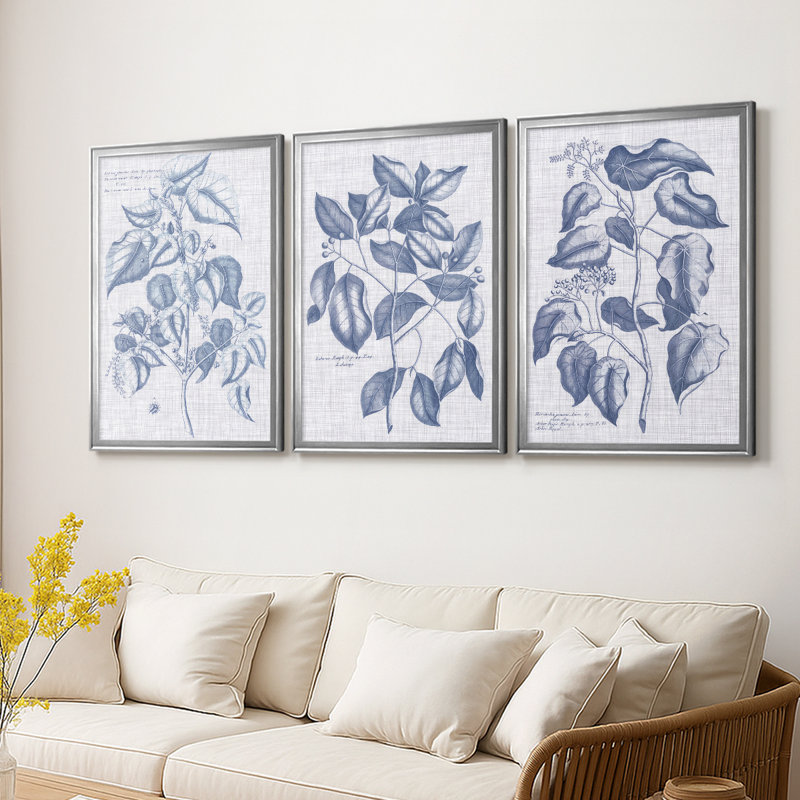 Bleu marine et lin botanique VI - Toile tendue avec châssis sur mesure - 3 pièces, H 19 po x l 27 po, Argent argent