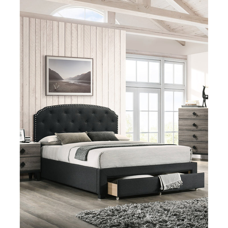 Charcoal Burlap Fabric Twin Bed With Storage And Headboard Design Modern In Color