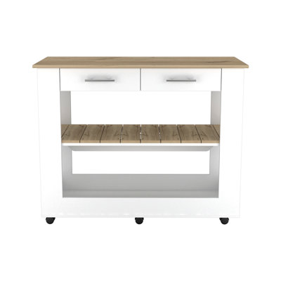 Kitchen Island 46,  Six Casters, Two Drawers, Lower Open Shelf  -White / Light Oak