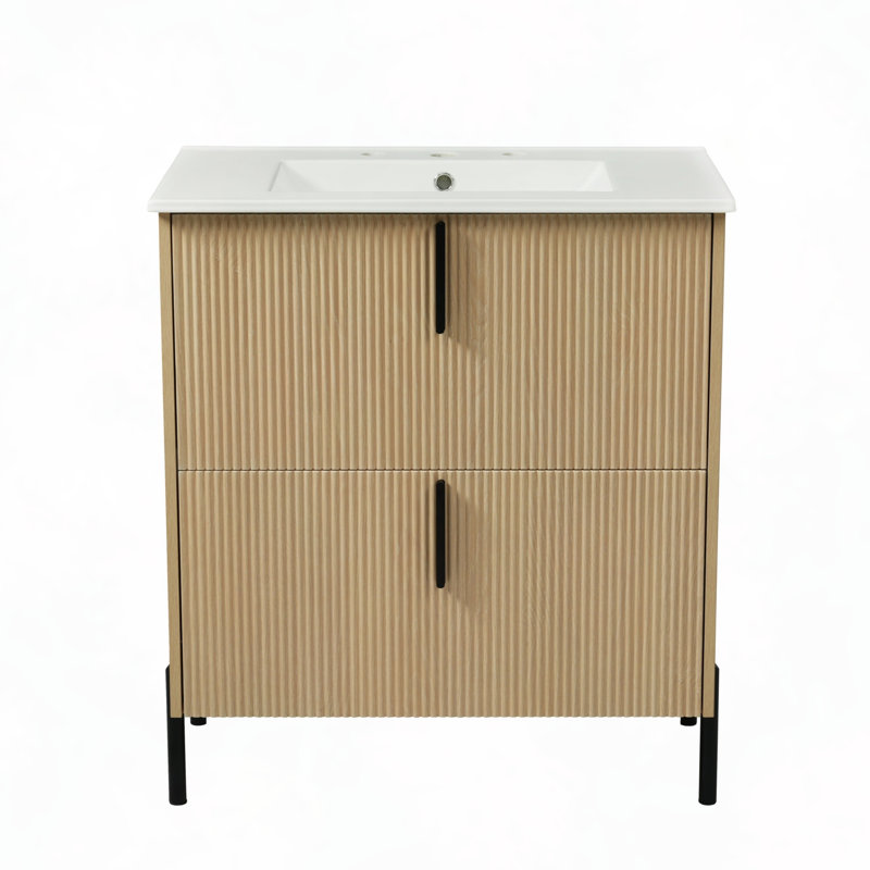 Meuble-lavabo 30 po avec lavabo en céramique et tiroirs pleine extension, Naturel
