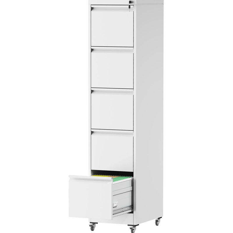 Classeur vertical à 5 tiroirs, roulettes pour la mobilité, rangement en métal de format A4 / lettre / légal, blanc, P 17,71 po x l 15,15 po x H 65,51 po, système de verrouillage sécuritaire, fonctionnement silencieux des tiroirs