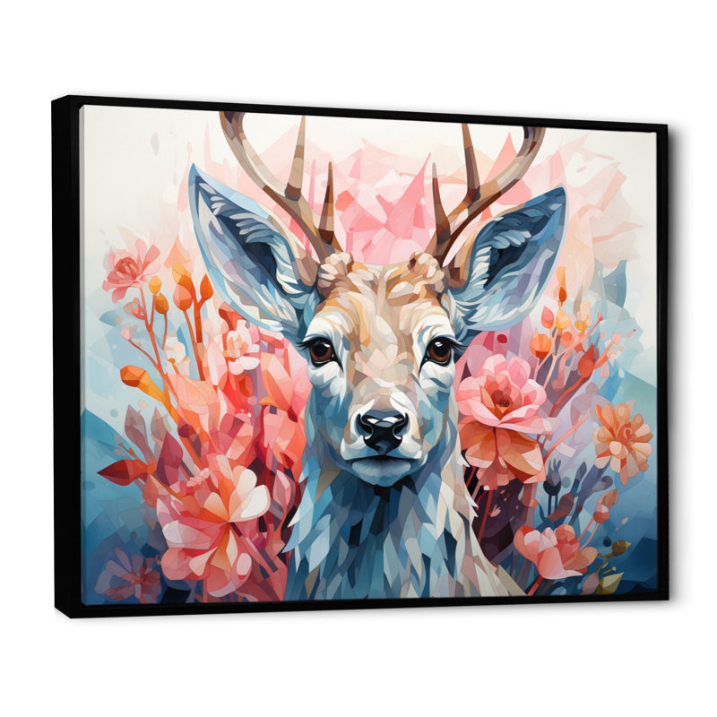 Cerf gracieux faon géométrique I - impression, H 24 po x l 32 po x P 1 po, Cadre flottant noir